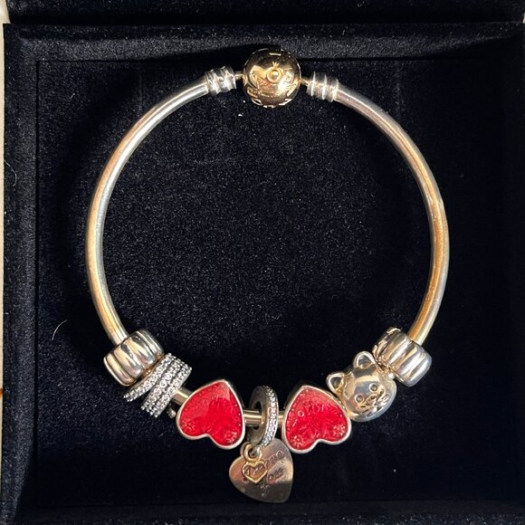 Pandora Moments Charm Bracelet ❤️ Red Heart Love Theme, Silver & Gold Mix - Picture 2 of 7